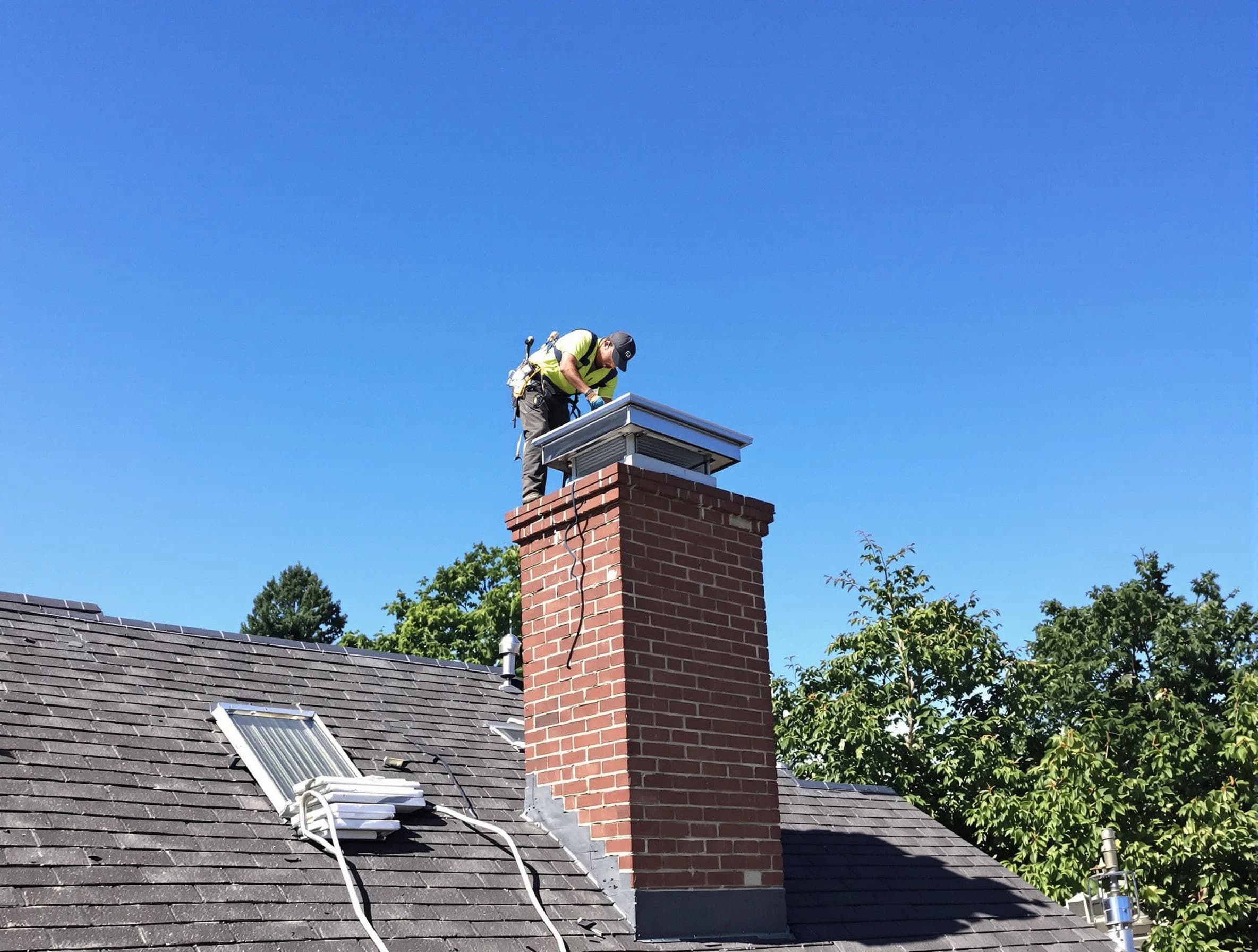 Wilkinsburg Chimney Sweep technician measuring a chimney cap in Wilkinsburg, PA